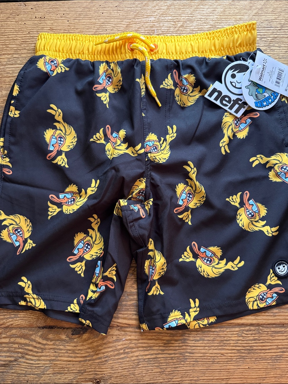 Large 10/12 Boys Neff Black Swim Trunks with Yellow Duck Print